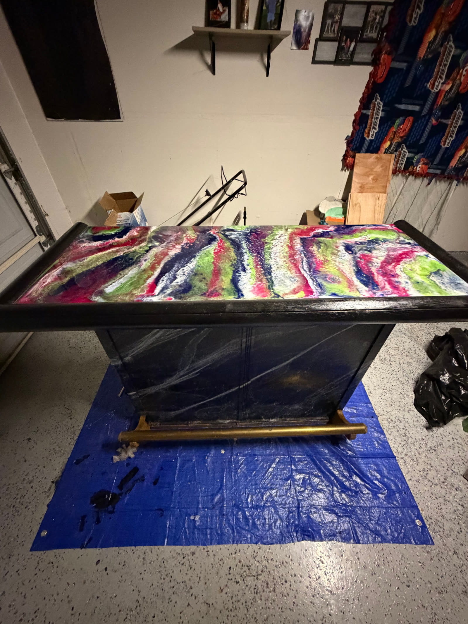 Home bar top finished with a vivid multi-color epoxy resin pour